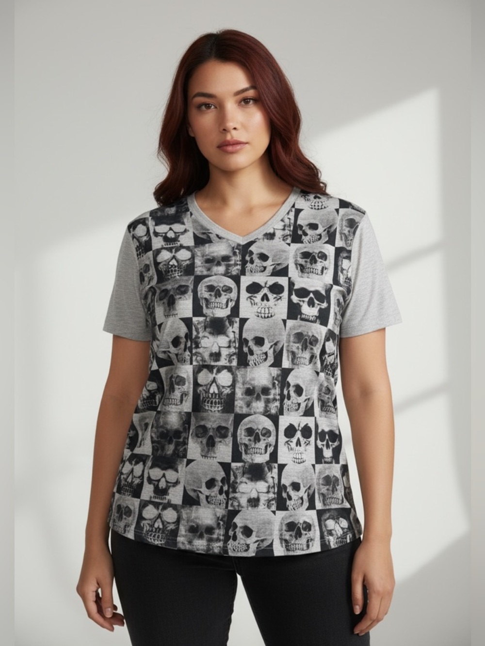 SIVA Shirt Womens XL Gray Skull Graphic V Neck Short Sleeve Halloween Gothic